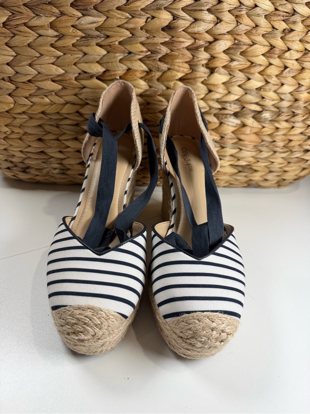 Striped Navy and White Espadrille Wedge Sandals - Women - Picture 2 of 4